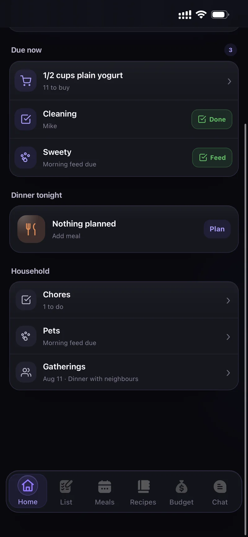 Due now, dinner tonight and the household shortcuts