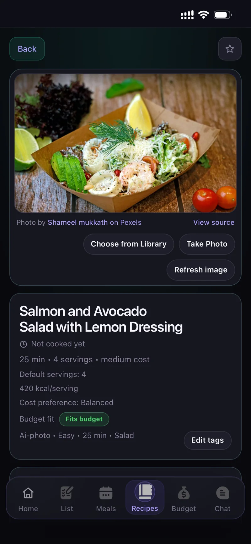 Generated recipe with photo