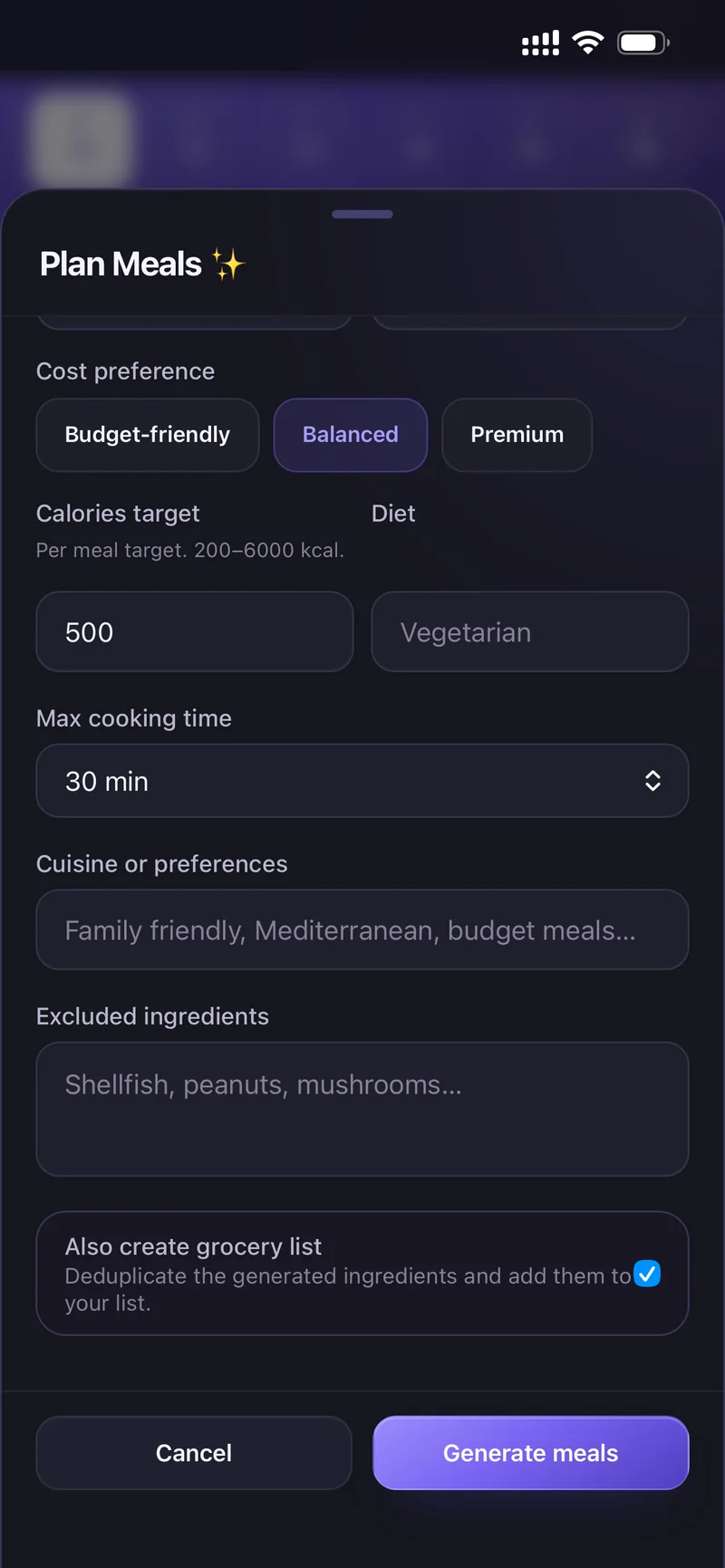 Plan Meals options
