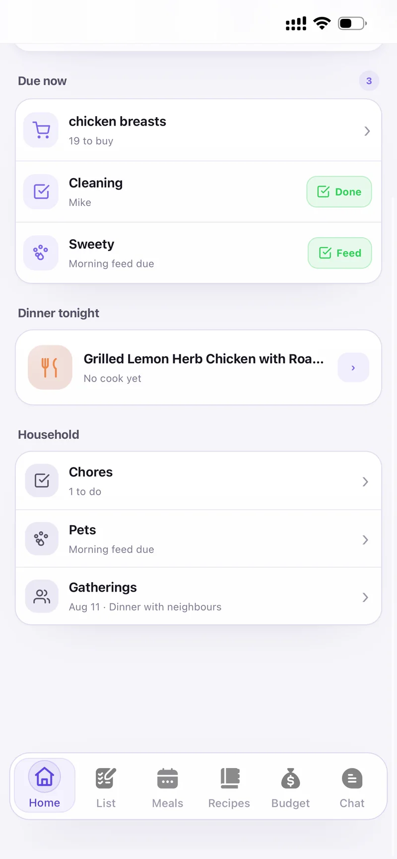 Due now, dinner tonight and the household shortcuts