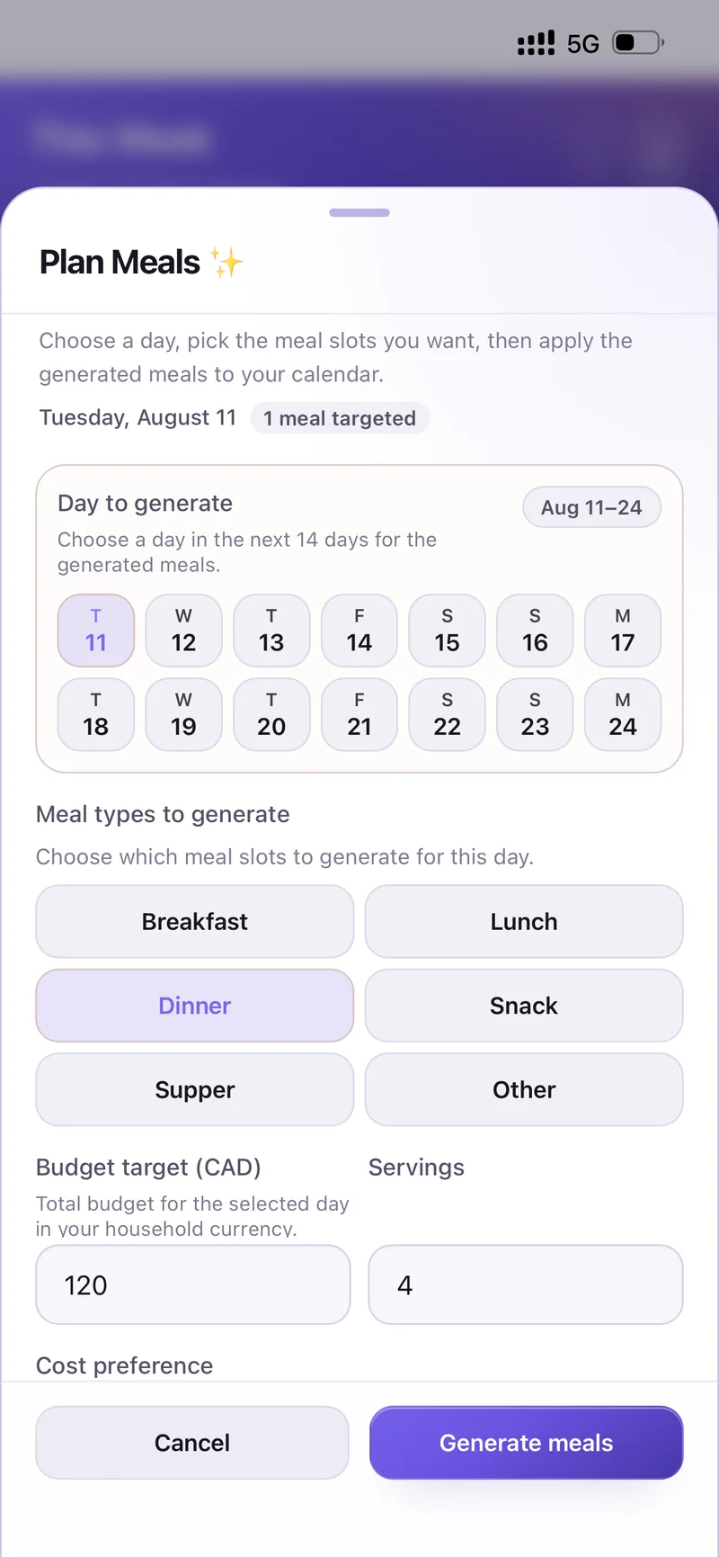 Plan Meals options