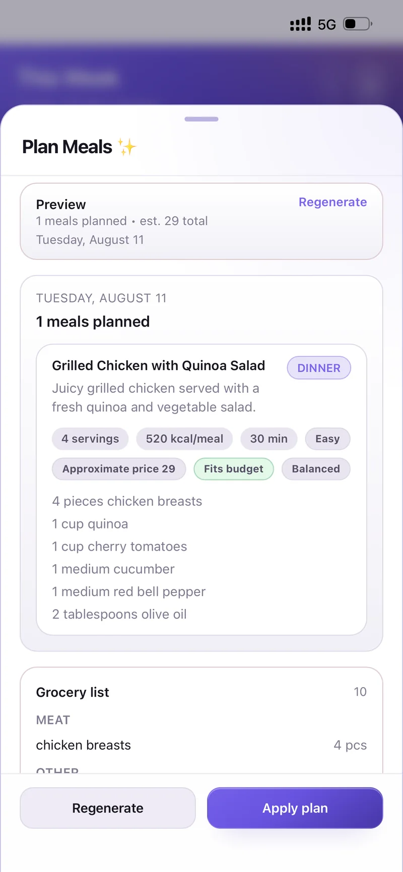 Generated week of meals